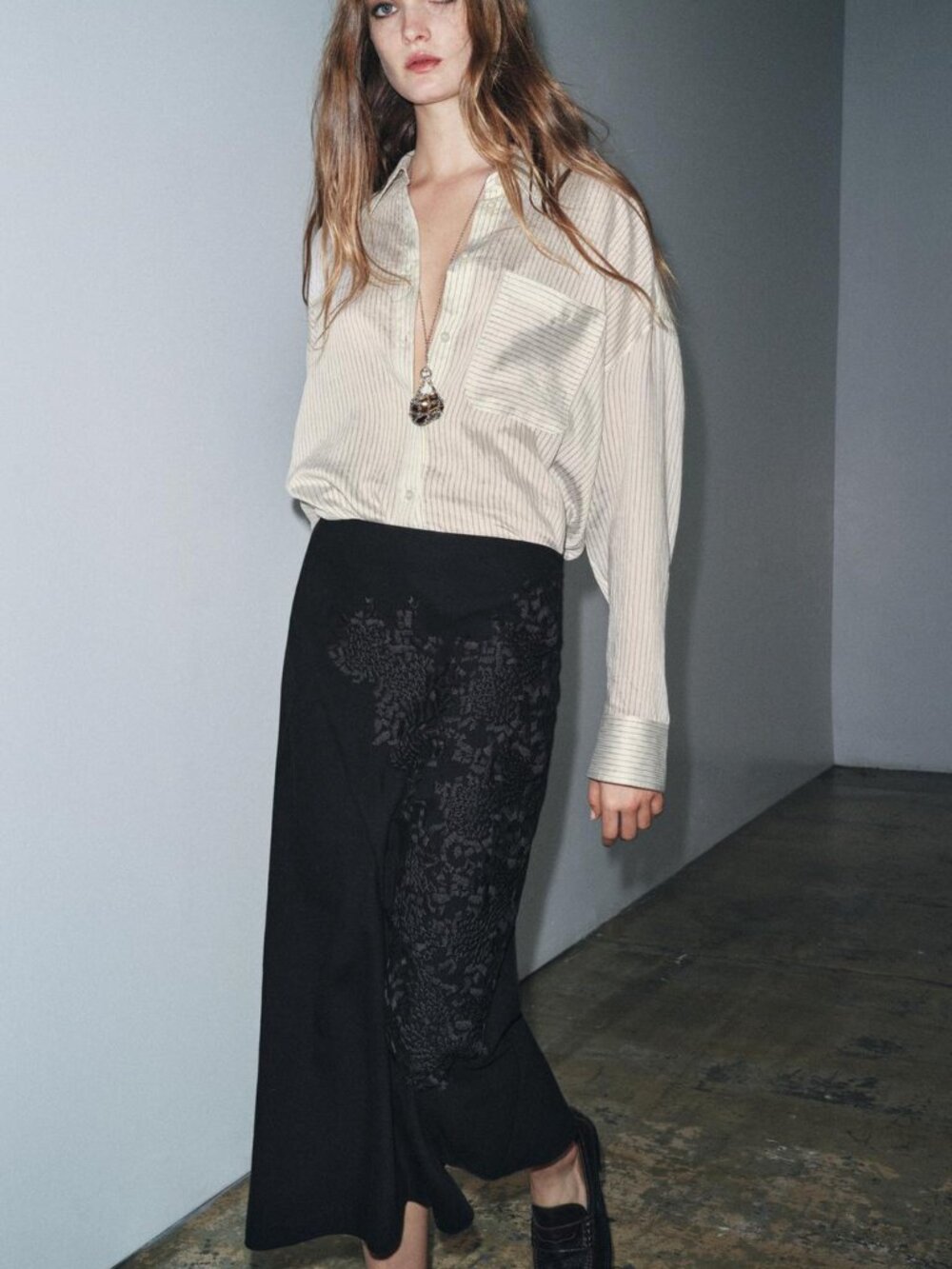 ZARA ZW Collection Black Embroidered Long Skirt Cotton Linen NWT Medium Summer